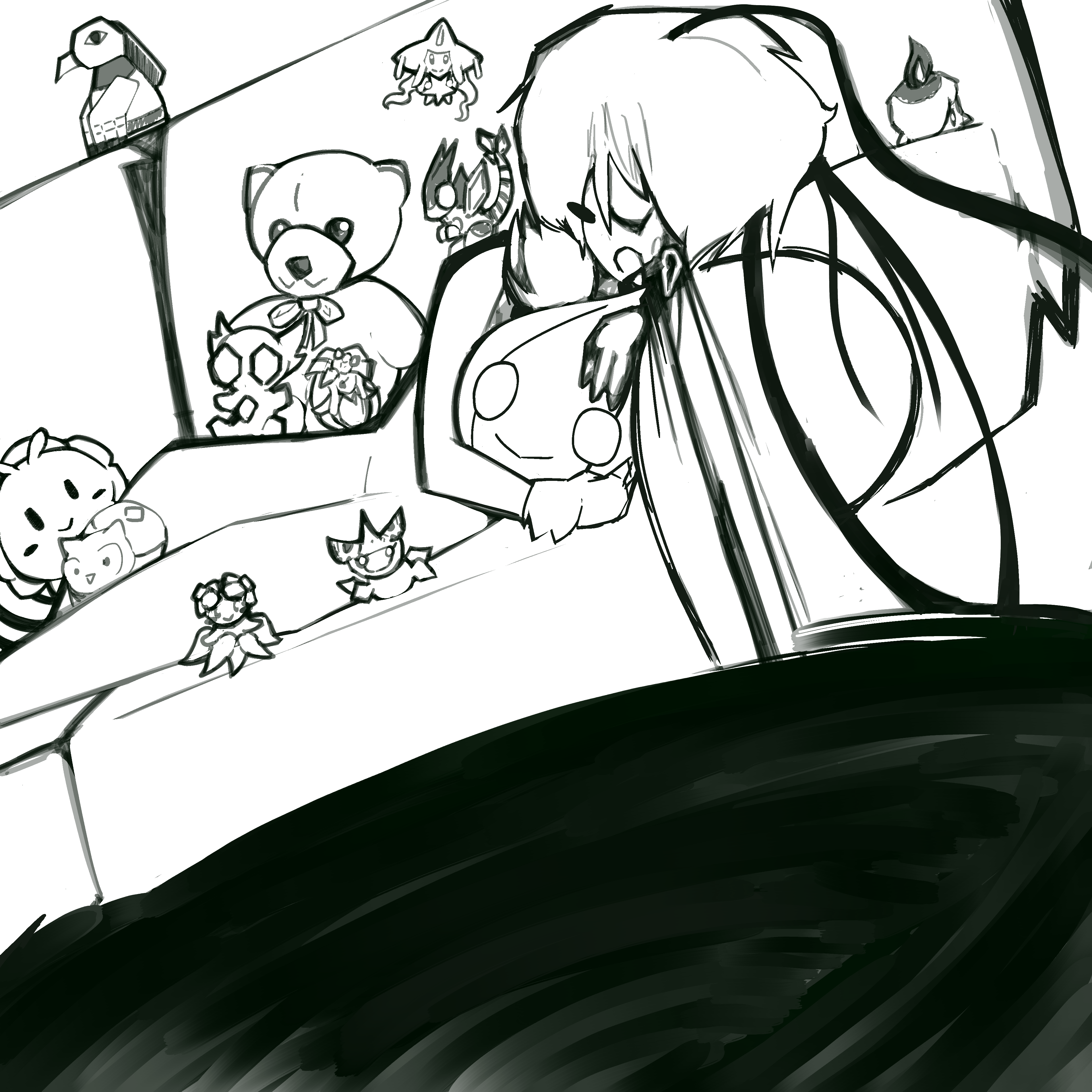 Tami surrounded by plushes including a garlic jester one she's hugging while on a couch and falling into the void below bc sleeeeepy